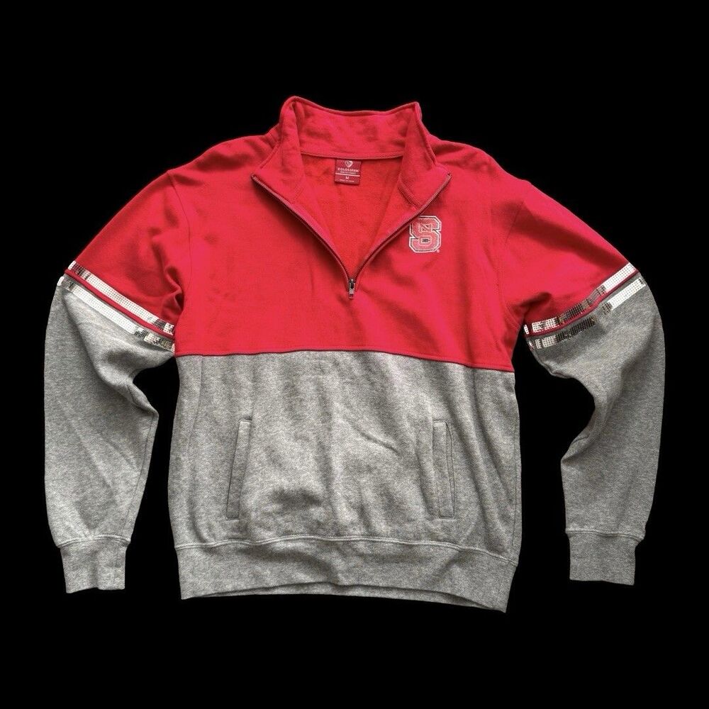 NC STATE Wolfpack Womens Pullover Shirt Medium Red Grey Sequin Glitter 1/4 Zip